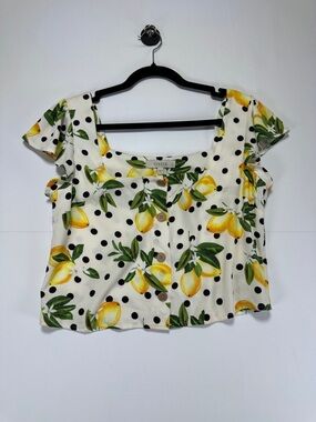 Oasis Lemon Print Crop Top Polka Dot Button Front Blouse Summer UK 10 US 6